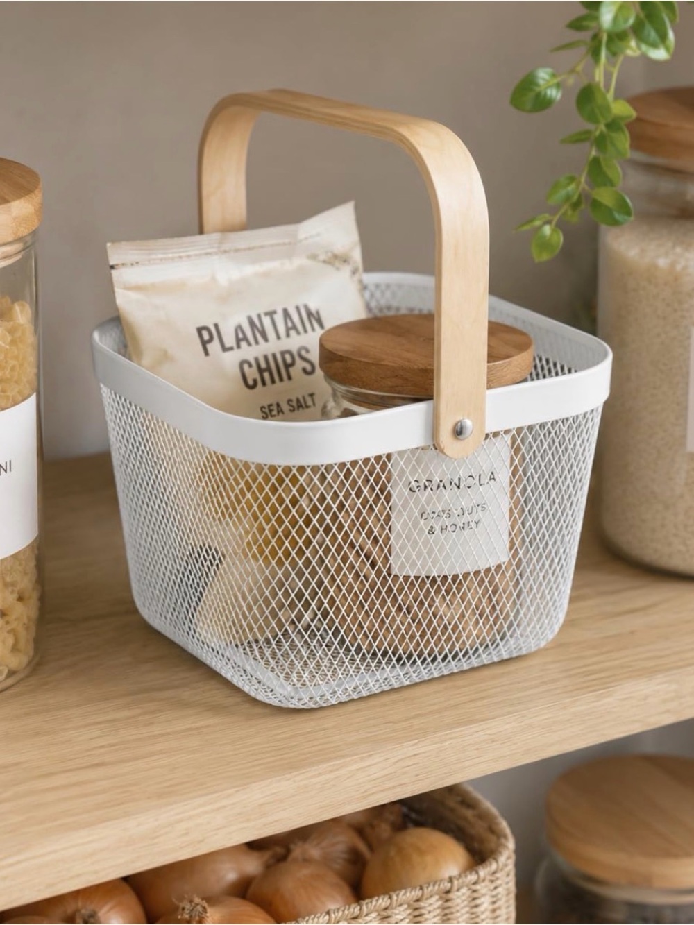 Wood-Handle White Mesh Storage Basket - Home Kitchen